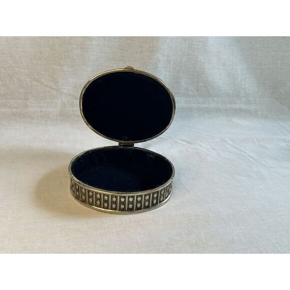Silver Toned Small Jewelry Box, Blue Lined, 5X4, Raised Details, Classic - Picture 2 of 9